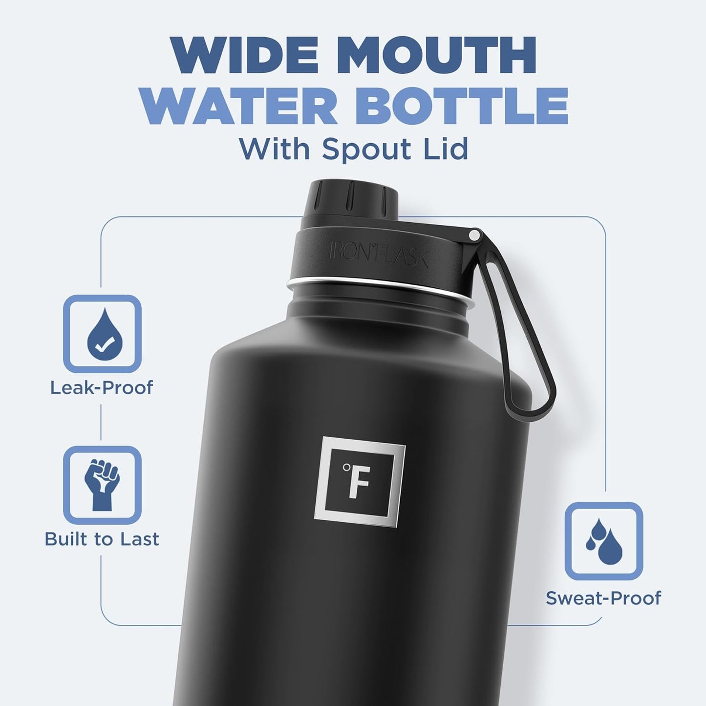 IRON °FLASK Camping & Hiking Hydration Flask with Straw, Wide Mouth Insulated Stainless Steel Sports Water Bottle - 40 oz Midnight Black