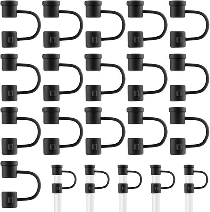 Straw Toppers Straw Covers Cap for Cup, PLULON 16Pcs Silicone Straw Cover Caps 8mm Reusable Straw Tips Dust-Proof Straw Toppers Black Straw Covers Plugs Straw Protector Accessories