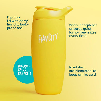 FlavCity 24 oz Stainless Steel Shaker Bottle - Insulated Protein Mixer Cup for On-the-Go Smoothies, Shakes, Electrolytes & Powder Drinks - BPA Free, Snap-Fit Agitator, Leak Resistant (Flamingo)