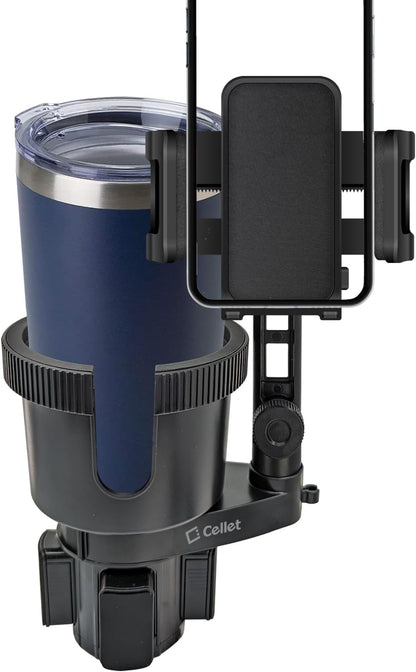 Cellet Cup Holder Tray for Car with Phone Mount – Expandable Base, 360° Rotation Food & Drink Tray with Non-Slip Surface, Adjustable Arm for Eating in Vehicle – Fits Most Standard Car Cup Holders