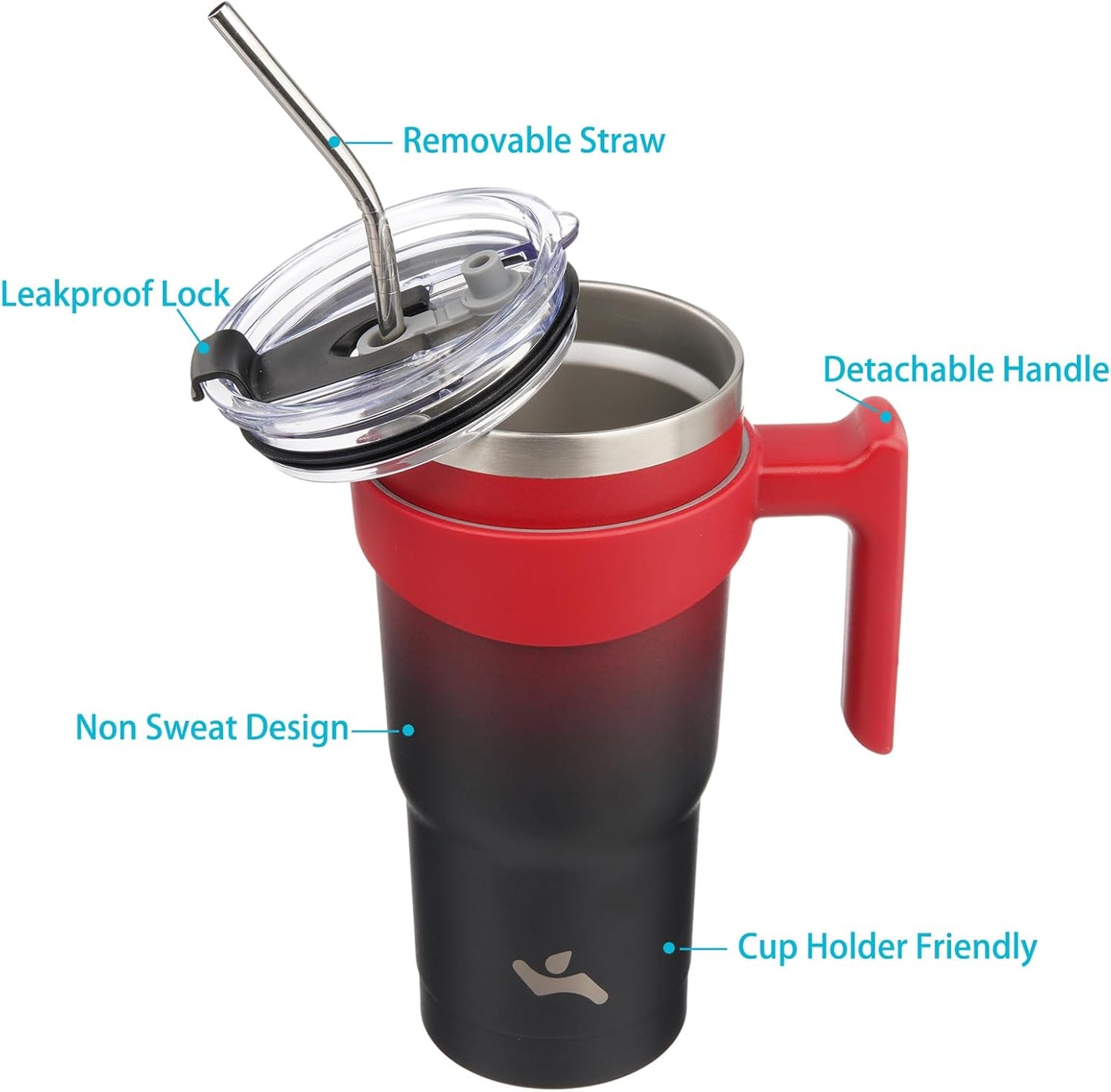 Konokyo 20 oz Tumbler with Handle and 2 Straw 2 Lid, Insulated Water Bottle Stainless Steel Vacuum Cup Reusable Travel Mug,Black