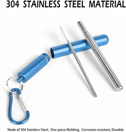 Collapsible Stainless Steel Drinking Straws with Aluminum Case, Cleaning Brush, and Keychains（Black+Silver）