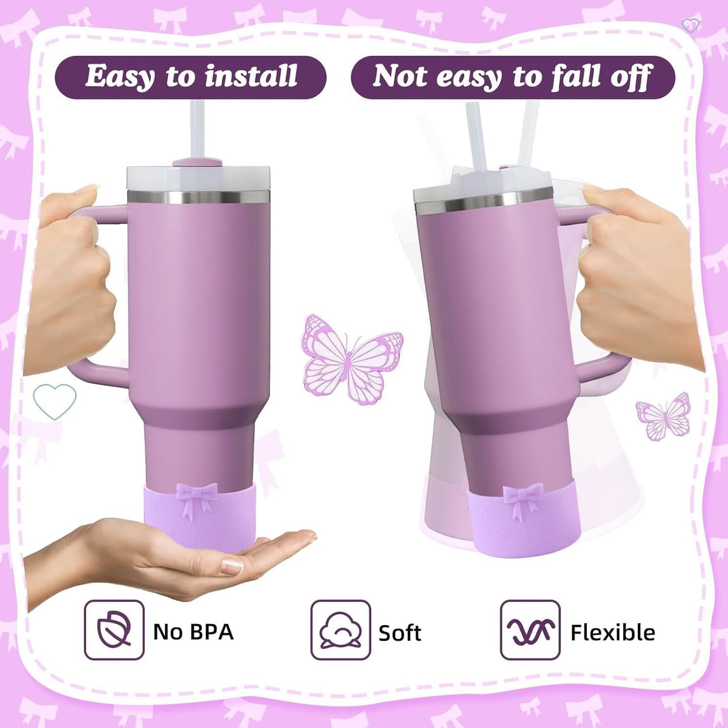 2PCS Bow Silicone Boot for Stanley Quencher Tumbler 30oz 40oz & IceFlow 20oz 30oz& Hydro Flask Water Bottle 12-24 oz Protective Bottom Sleeve Cover for Stanley Cup Accessories& Owala 24oz