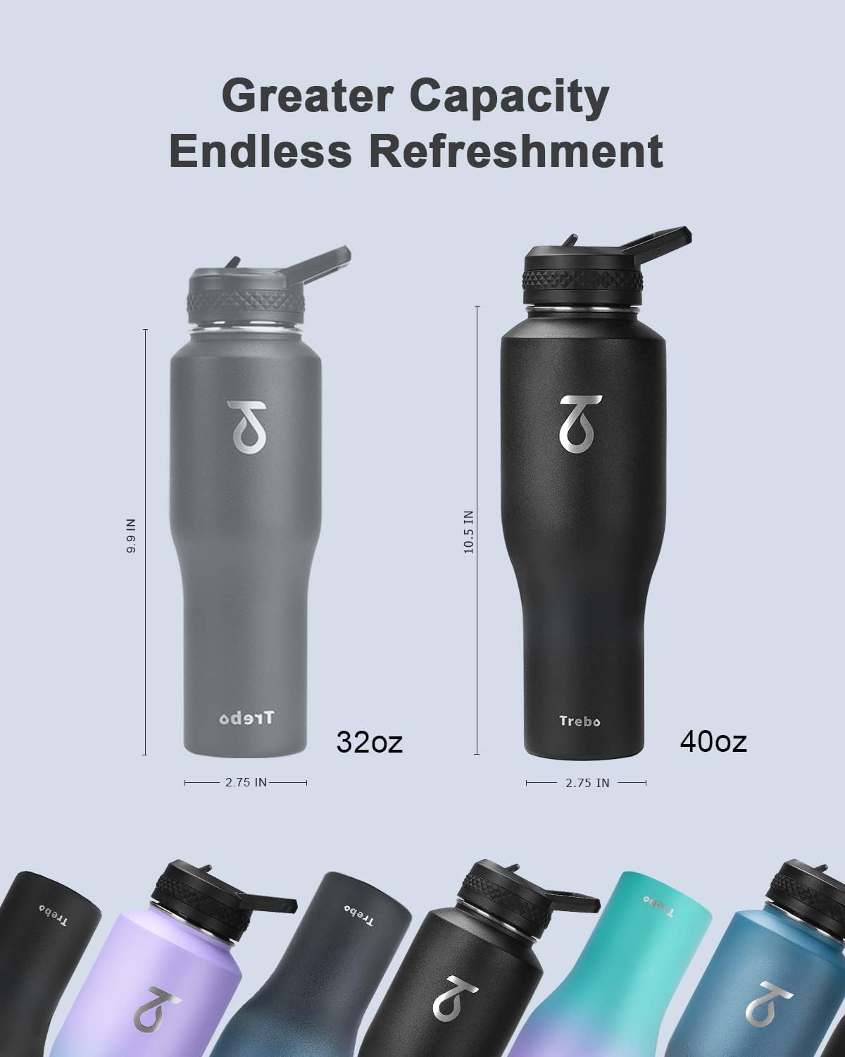 Trebo 40 oz Water Bottle Insulated Fit Car Cup Holder with Handle, Stainless Steel Water Bottles Tumbler with Spout Straw Lids, Double Wall Travel Reusable Flask, Leakproof Mug,Keep Cold &Hot,Black