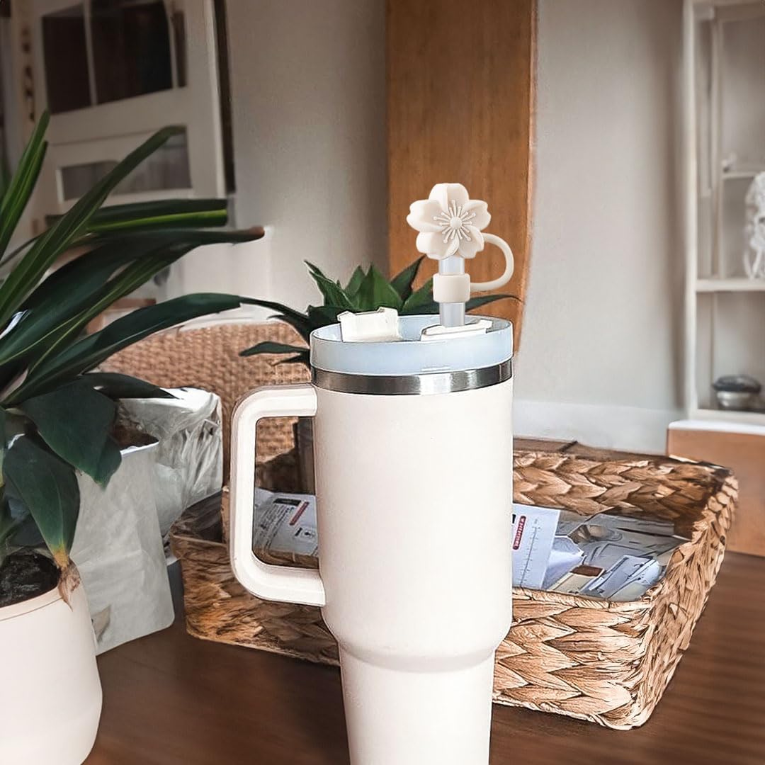 Straw Cover Cap for Stanley Cup, 3Pcs Cute Flower Straw Toppers Accessories Compatible with Stanley Cup 30&40 Oz Tumbler, Silicone Straw Tips Lids for Home and Party Decor, Beige