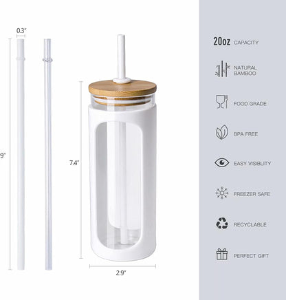 Kodrine 20oz Glass Water Tumbler with Straw and Lid, Bamboo Lids Water Bottle, Iced Coffee Cup Reusable, Wide Mouth Smoothie Cups with Protective Silicone Sleeve BPA FREE-Black - Colors A