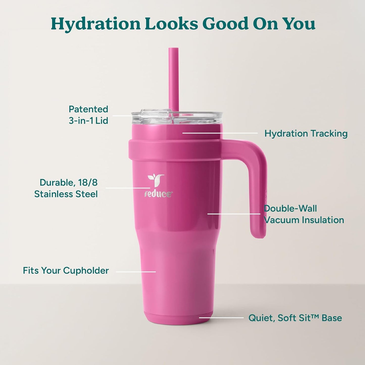 REDUCE 24 oz Stainless Steel Tumbler with Handle - Dual-Wall Vacuum Insulated Travel Mug, Sweat-Proof Lid & Reusable Straw - Keeps Drinks Cold for 24 Hrs, Fits Cupholders, Dishwasher Safe - Lilac Bud
