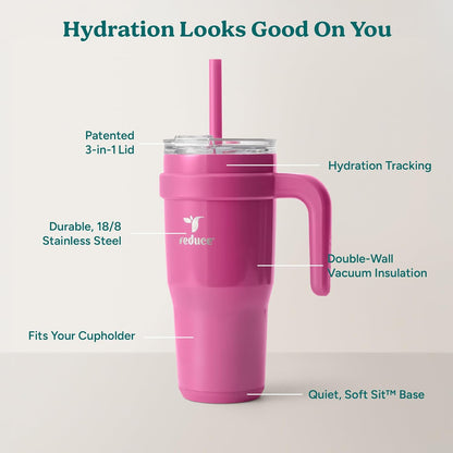 REDUCE 24 oz Stainless Steel Tumbler with Handle - Dual-Wall Vacuum Insulated Travel Mug, Sweat-Proof Lid & Reusable Straw - Keeps Drinks Cold for 24 Hrs, Fits Cupholders, Dishwasher Safe - Lilac Bud