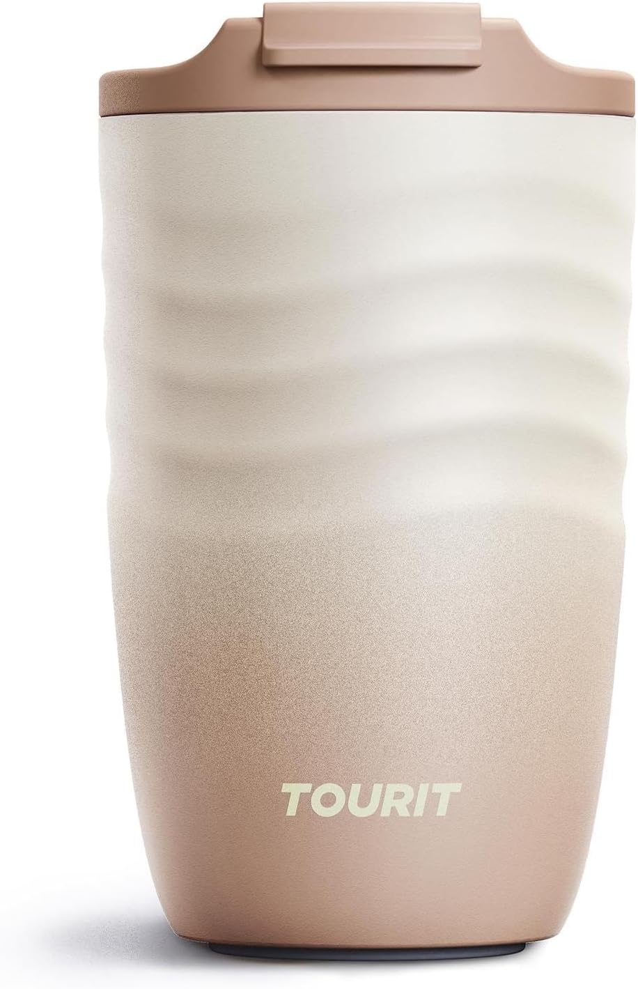 TOURIT 16 oz Travel Coffee Mug, Vacuum Insulated Stainless Steel Tumbler with Ripple-Wave Anti-Slip Grip, Built-in Silicone Bottom for Quiet & Stable, Leak-Proof Lid, Fits Car Cup Holder, Khaki