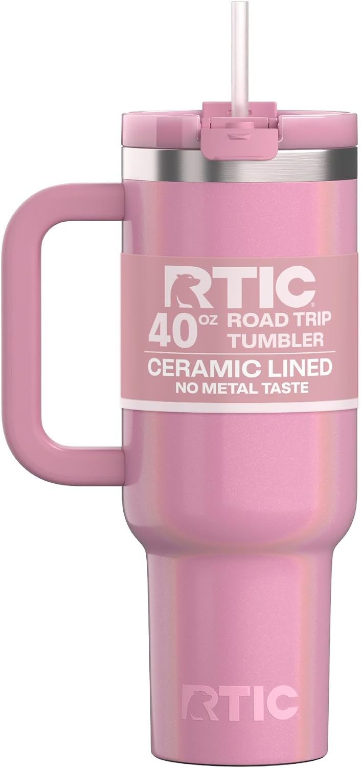 RTIC 30 oz Road Trip Tumbler Double-Walled Ceramic Lined InsulatedStainless Steel Portable Travel Coffee Mug Cup with Lid, Handle and Straw, Periwinkle Bouquet