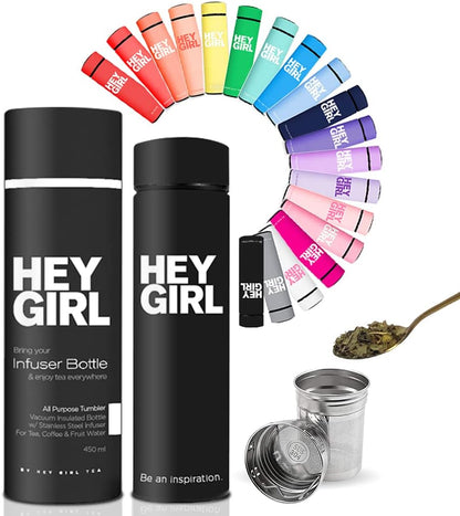 Hey Girl Tea Infuser Bottle 450ml - Insulated Stainless Steel Water Bottle - Tea Tumbler with Tea Diffuser - Portable Travel Mug for Loose Leaf Tea & Infused Water - Tea Lovers Gifts for Women (Pink)