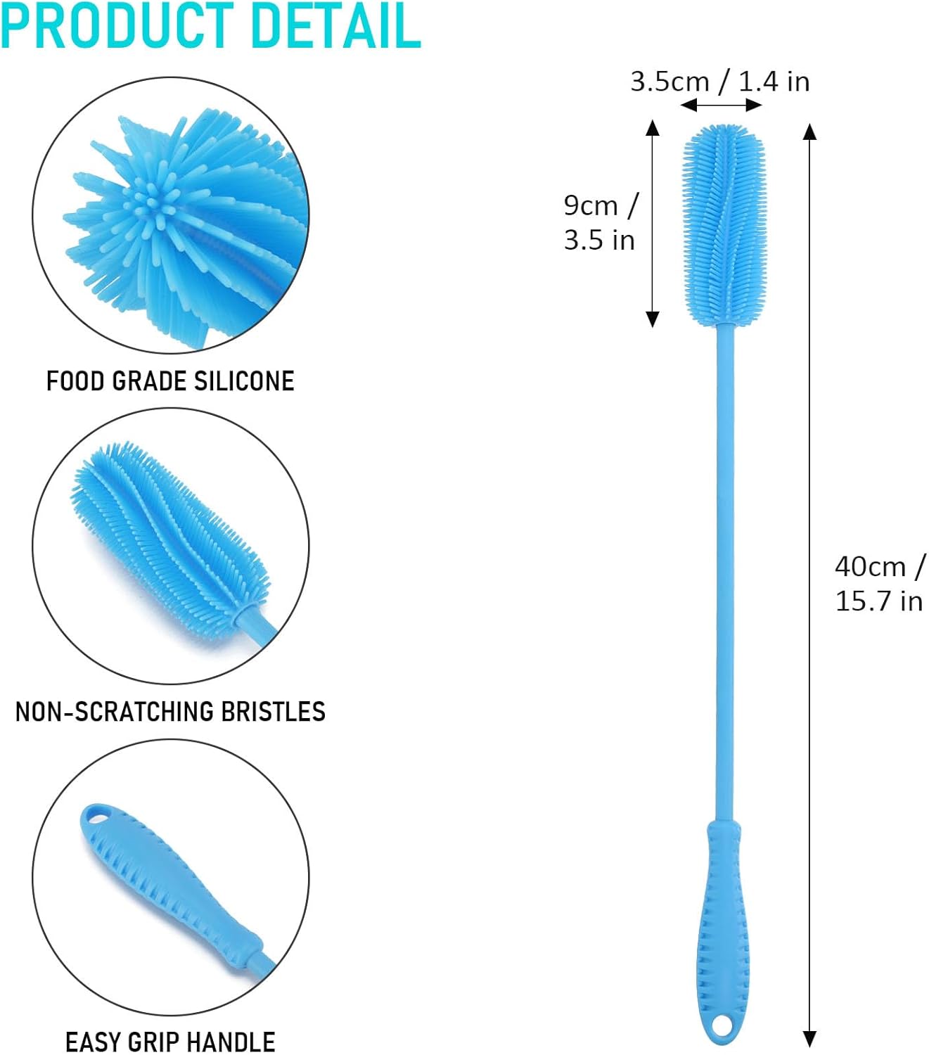 Silicone Bottle Cleaning Brush with Long Handle, 12.5" Water Bottle Cleaner for Baby Bottles, Hydro Flask, Sports Bottle, Vase, Glassware, Perfect for Smaller Diameter Bottle Openings (One Pack)