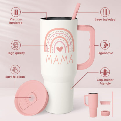 Floral Tumbler with Handle 40oz, Stainless Steel Insulated Tumblers Coffee Travel Mug Cup with Straw, Flower Coffee Cup Gifts for Women Girls, Gift for Her on Christmas Birthday Mothers Day