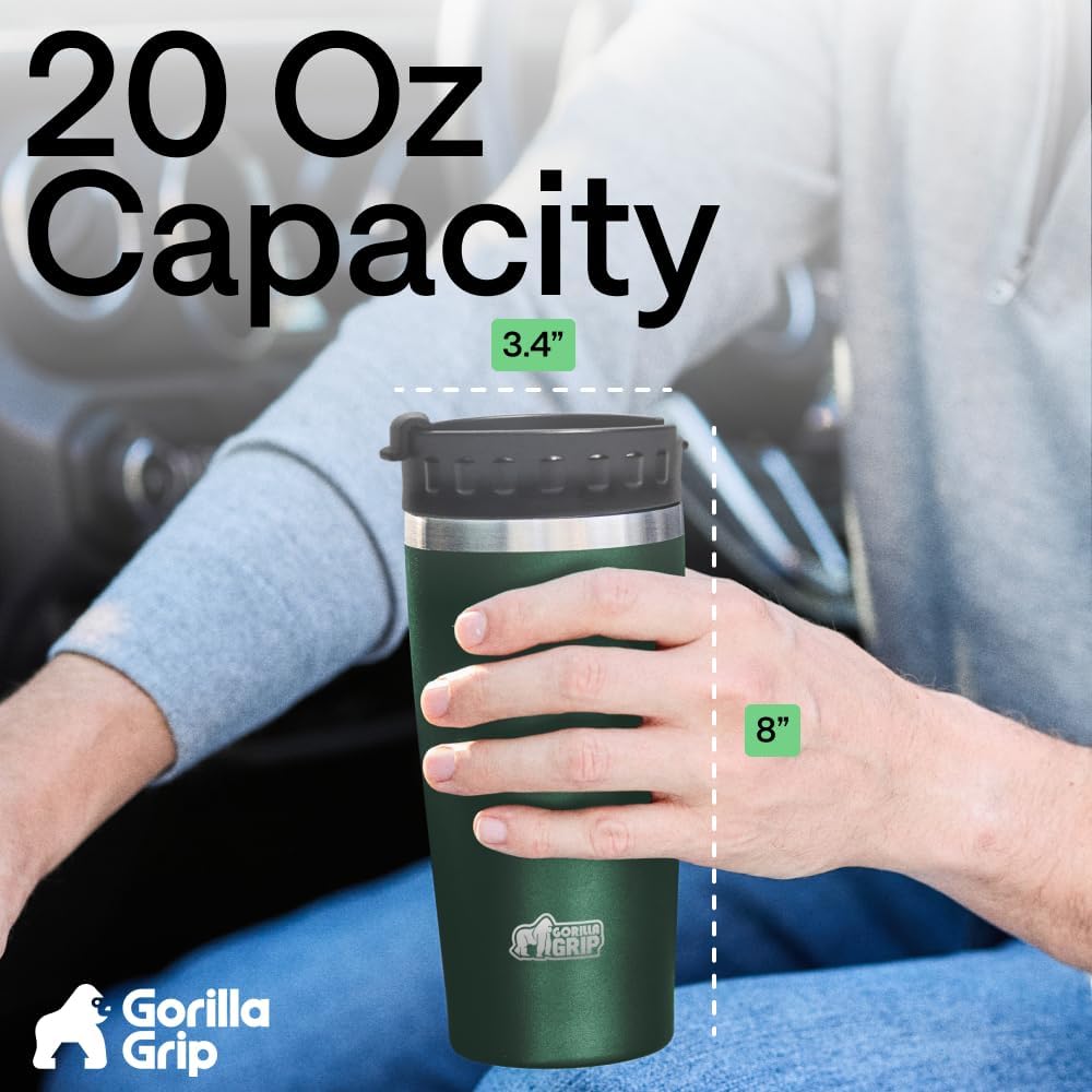 GORILLA GRIP 304 Stainless Steel Double Insulated Travel Coffee Mug, Leakproof Lid with Smooth Sip Top, Prevent Spills, Dent & Rust Resistant Reusable Tumbler Cup, Thermal Mugs for Drinks, 20oz, Black