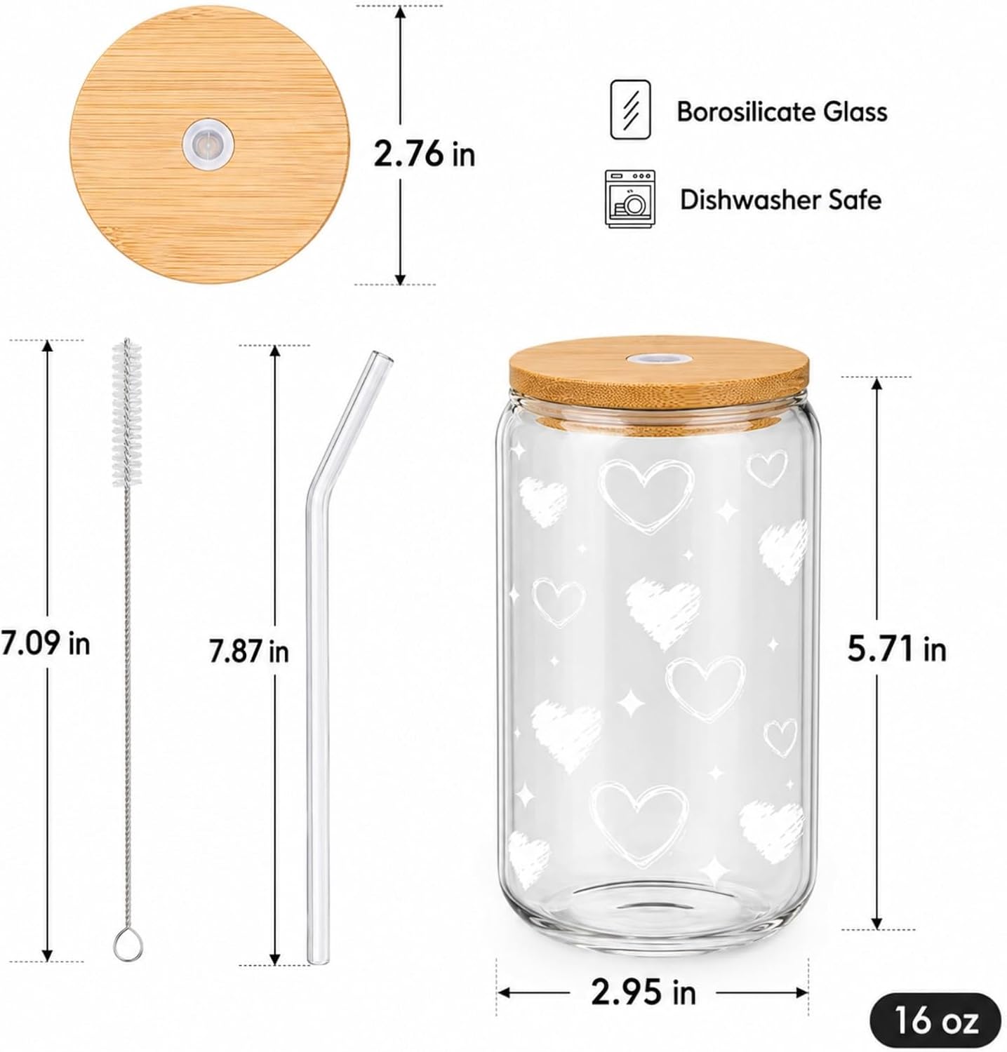 Glass Cups with Lids and Straws 1Pack,Glass Coffee Cups,Glass Cup with Lid for Iced Coffee,Smoothie,Cocktail,Beer,Whiskey,Soda,Matcha,16 Oz Glass Cup with Bamboo Lid,1 Brush