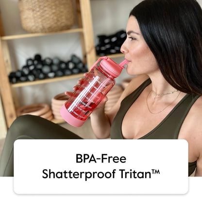 Takeya Motivational Water Bottle with Straw Lid and Time Marker (64 oz, Vivacity Purple) - Leakproof, BPA Free Water Bottle for Daily Intake Tracking