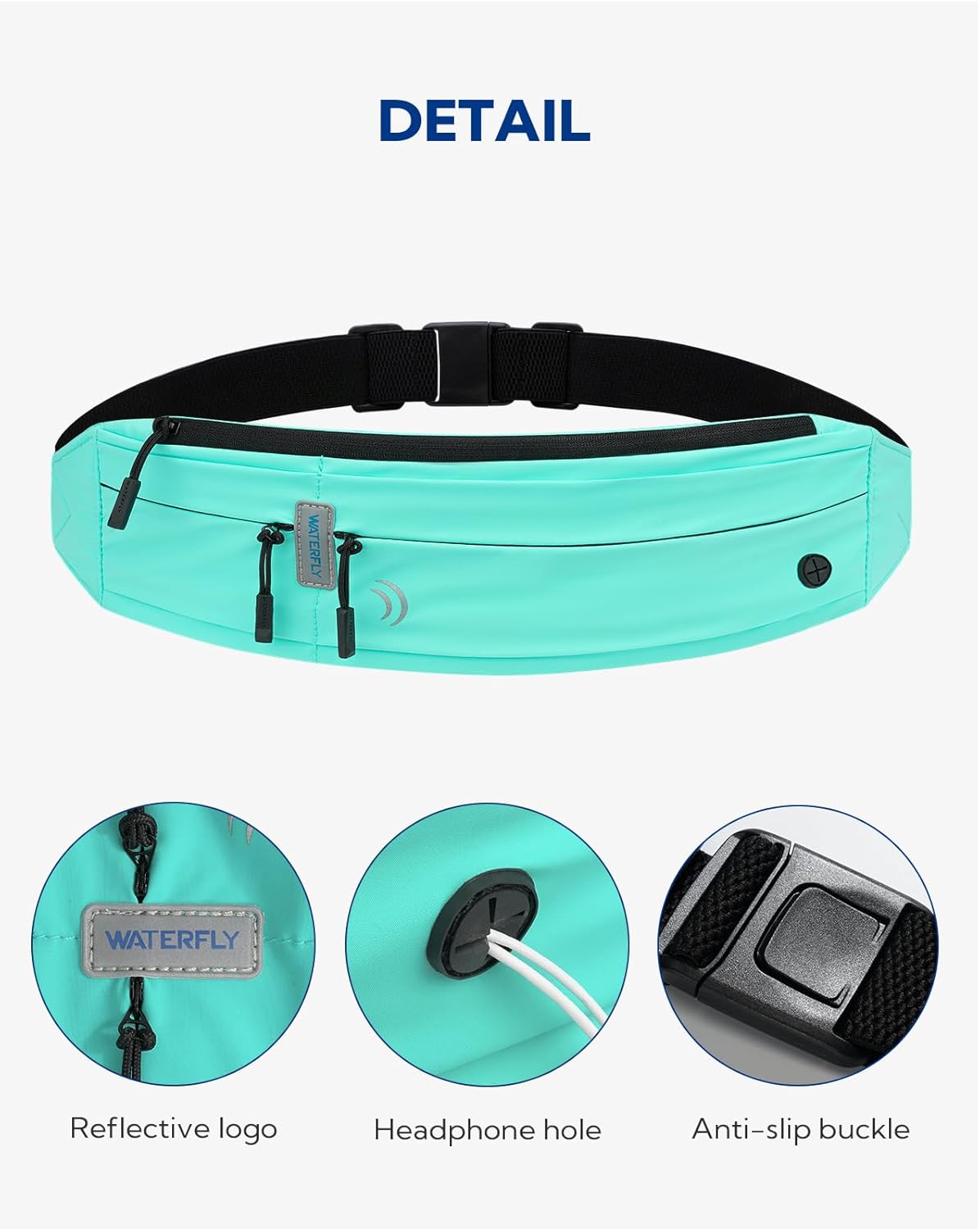 WATERFLY Running Belt Fanny Pack: Runner Marathon Jogging Waist Pack Sport Workout Exercise Fitness Phone Holder Belt for Men Women Jogger Slim Waist Bag Black