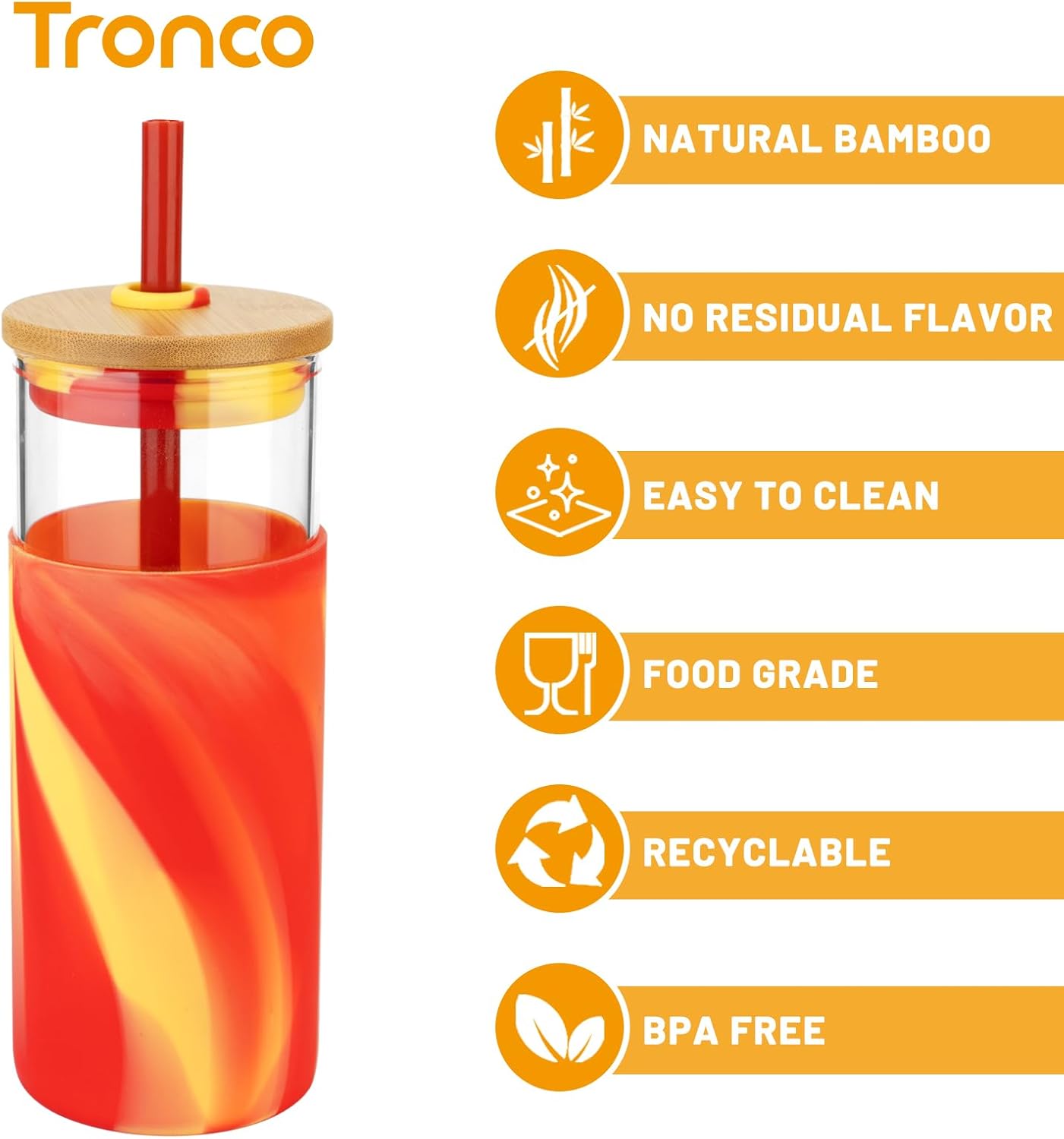 Tronco 20 oz Glass Tumbler with Lid and Straw, Iced Coffee Cup and Smoothie Cup with Bamboo Lids & Protective Silicone Sleeve, Dishwasher Safe, BPA-Free, Glass Cup 1 Pack - Colors B
