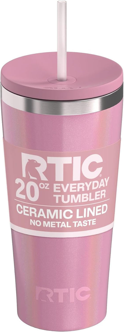 RTIC 20oz Everyday Tumbler Insulated Stainless Steel Portable Travel Coffee Cup with Straw, Ceramic Lining, Spill-Resistant Lid, BPA-Free, Hot and Cold Drink, Beach