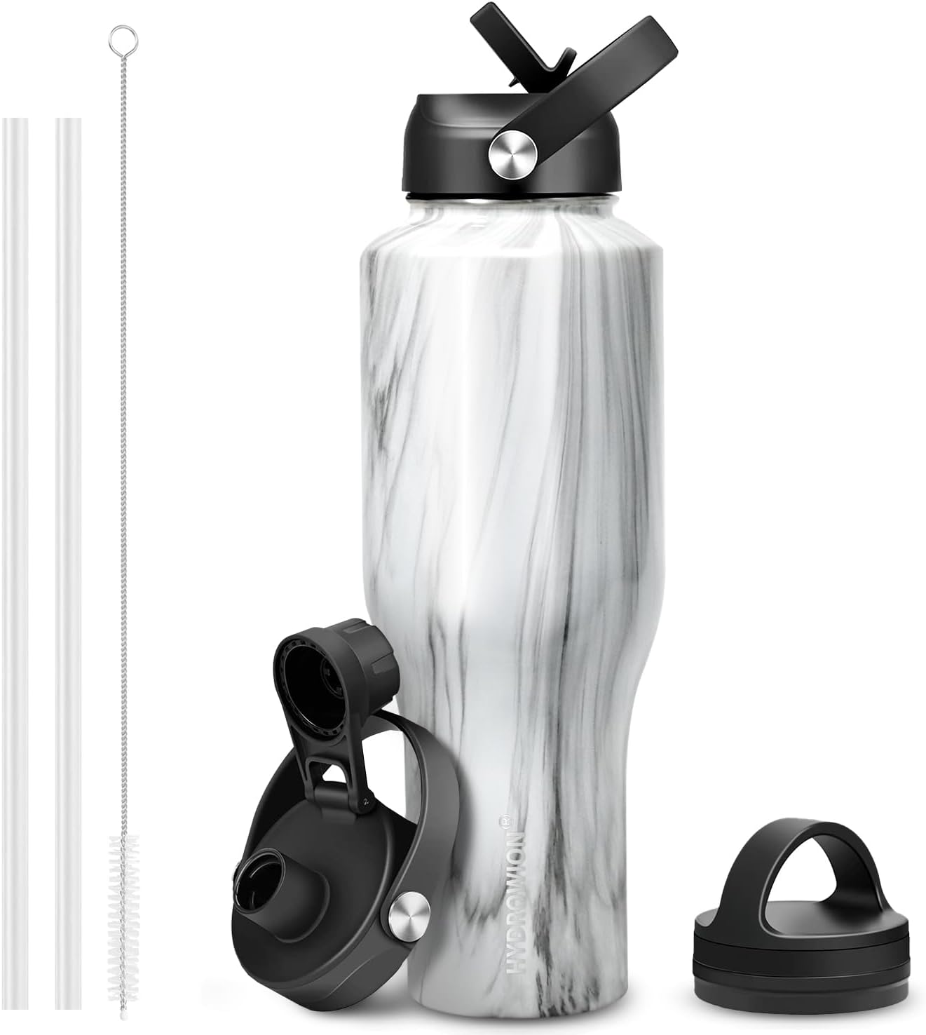 HYDROWION 32oz Stainless Steel Water Bottle(Cold for 48 Hrs, Hot for 24 Hrs),Double Wall Vacuum Insulated Water Bottle with Straw Lid, Spout Lid and Flex Cap, Fit in Any Car Cup Holder,Black