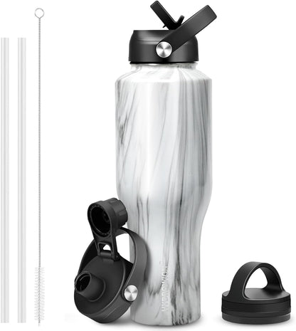 HYDROWION 32oz Stainless Steel Water Bottle(Cold for 48 Hrs, Hot for 24 Hrs),Double Wall Vacuum Insulated Water Bottle with Straw Lid, Spout Lid and Flex Cap, Fit in Any Car Cup Holder,Black