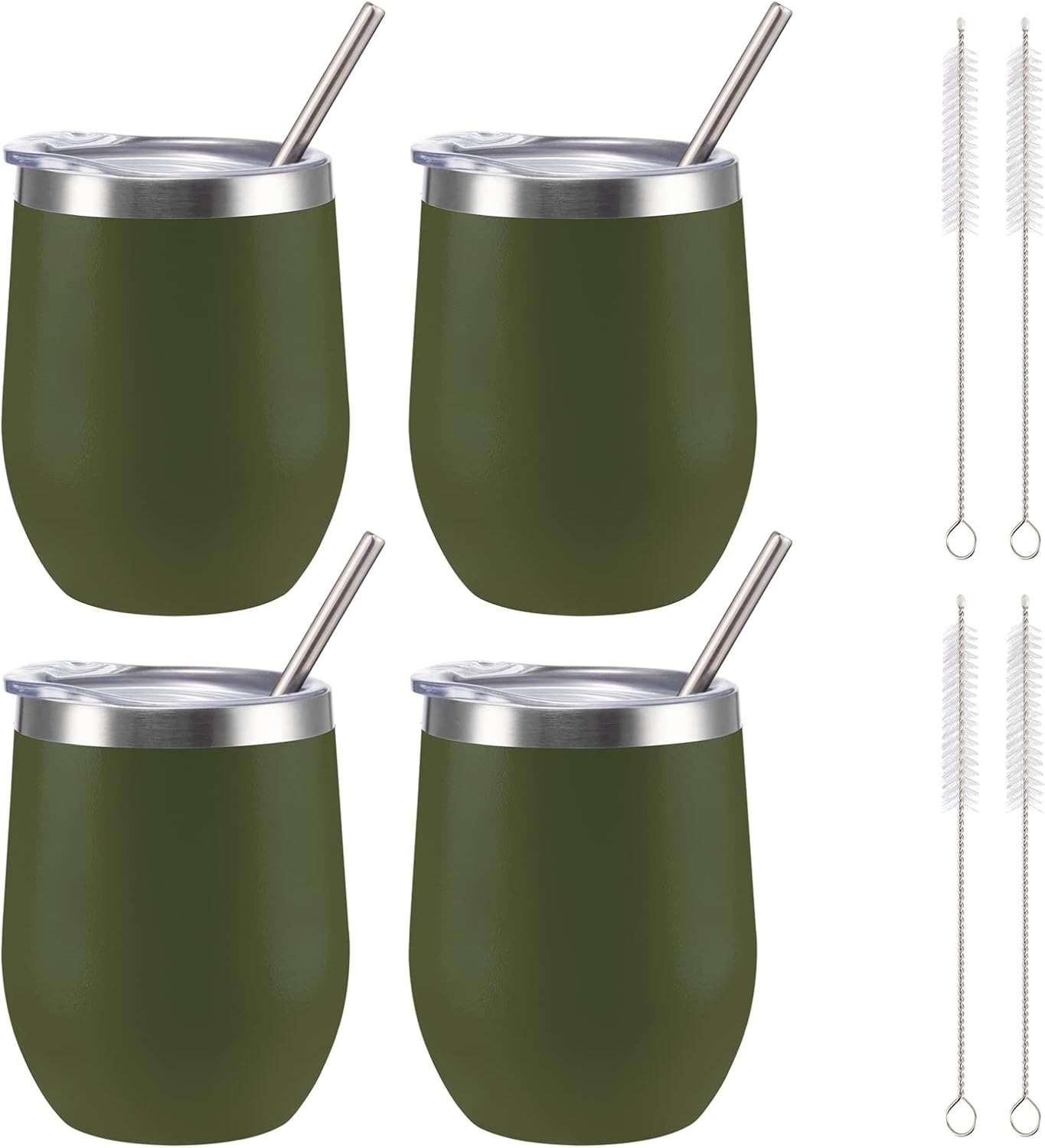 12 oz Insulated Wine Tumbler with Lid and Straw,Stainless Steel Stemless Wine Tumbler Glasses Double Wall Vacuum Wine Cups Tumbler for Coffee,Champaign,Cocktail,Office（Silver,1）