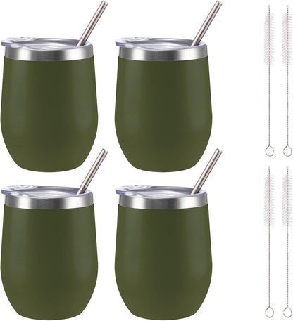 12 oz Insulated Wine Tumbler with Lid and Straw,Stainless Steel Stemless Wine Tumbler Glasses Double Wall Vacuum Wine Cups Tumbler for Coffee,Champaign,Cocktail,Office（Silver,1）