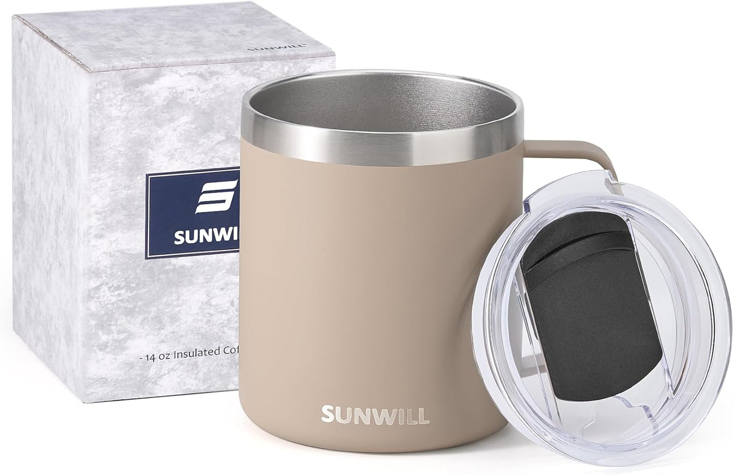 SUNWILL Travel Coffee Mug with Lid, Insulated Tumbler with Handle, 14 oz Stainless Steel Cup for Ice, Water, Tea, Rose Gold