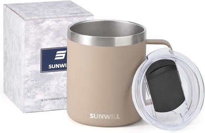 SUNWILL Travel Coffee Mug with Lid, Insulated Tumbler with Handle, 14 oz Stainless Steel Cup for Ice, Water, Tea, Rose Gold