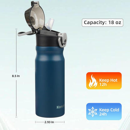 Konokyo 18 oz Insulated Water Bottle with Straw Lid, Stainless Steel Vacuum Sports Water Bottle, Leak-Proof Reusable Metal Flask with Carry Loop, BPA-Free Travel Bottle for Gym, School, Office