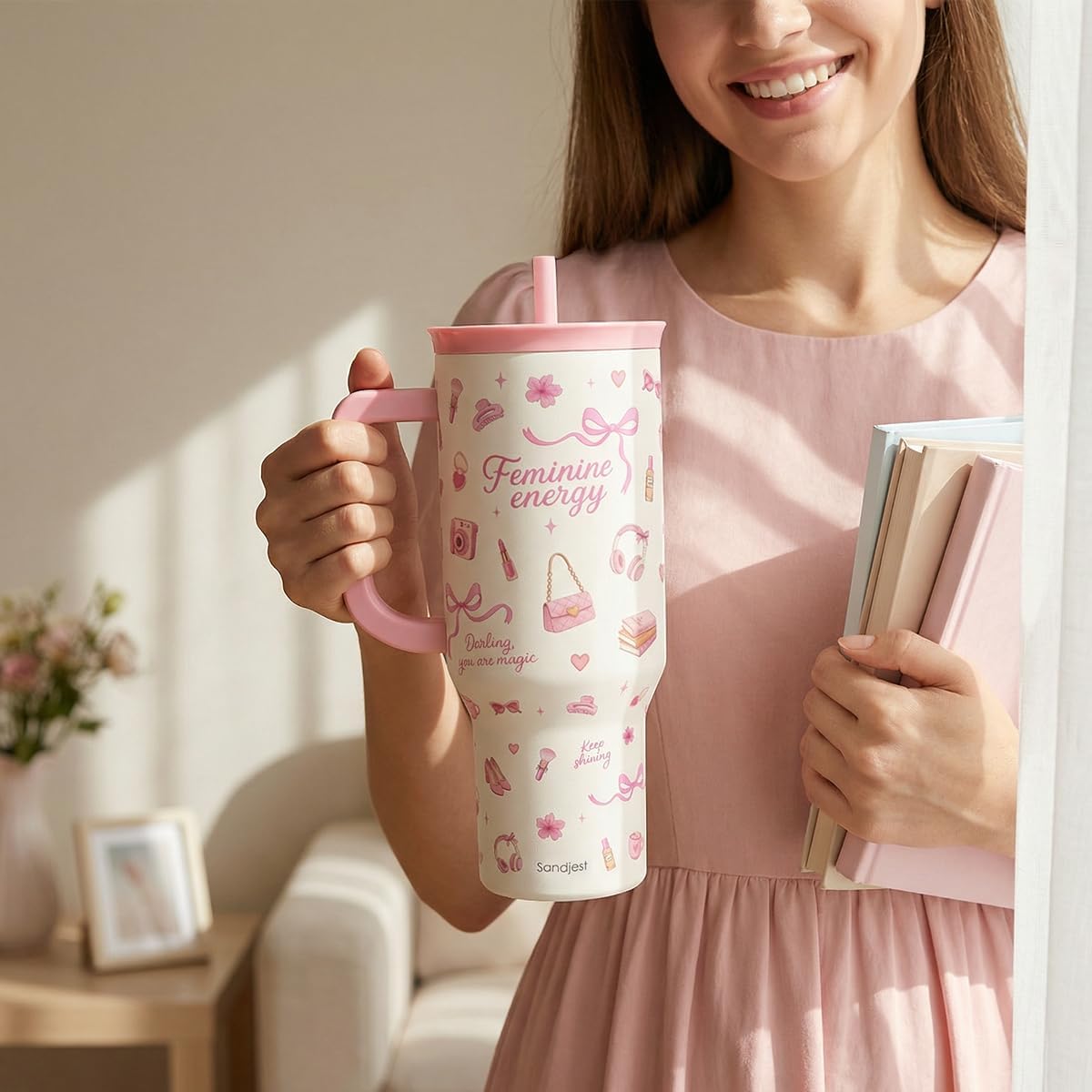 SANDJEST Pickleball 40oz Tumbler With Handle and Straw, Pickleball Queen Insulated Stainless Steel Travel Coffee Mug for Women Girls Players, Gift Idea for Birthday Christmas Mothers Day