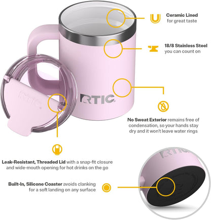 RTIC 12oz Essential Mug with Lid and Handle, Ceramic Lined, Insulated, Stainless Steel, Metal, Double Wall Vacuum-Insulation, Portable, Travel Cup for Hot and Cold Drink, Beach