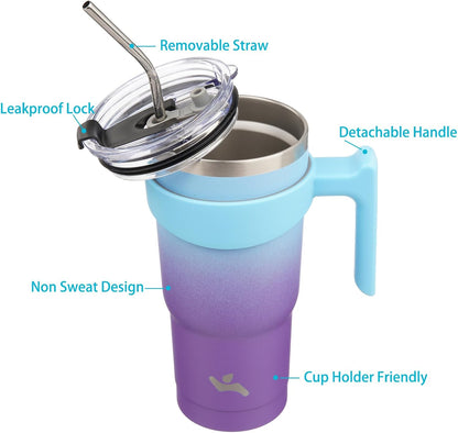 Konokyo 20 oz Tumbler with Handle and 2 Straw 2 Lid, Insulated Water Bottle Stainless Steel Vacuum Cup Reusable Travel Mug,Black