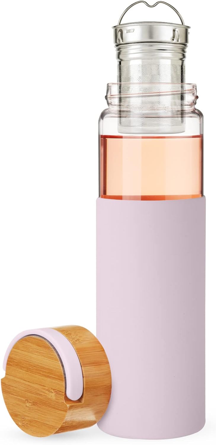 Pinky Up Blair Travel Tea Infuser Mug, Double Walled Insulated Travel Tumbler with Loose Leaf Tea Strainer, Travel Coffee Mug, Keeps Drinks Hot or Cold, 16 oz, White Leaf