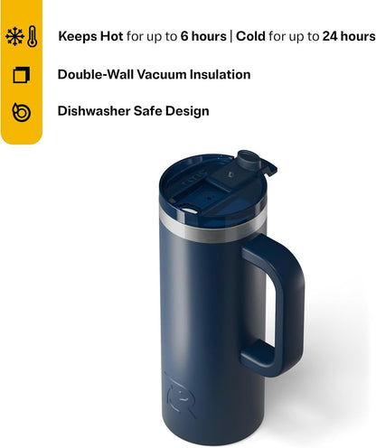 RTIC 20oz Road Trip Travel Mug with Lid and Handle, Ceramic Lined, Insulated, Stainless Steel, Metal, Double Wall Vacuum-Insulation, Portable Coffee, Tea Cup for Hot and Cold Drink, Black