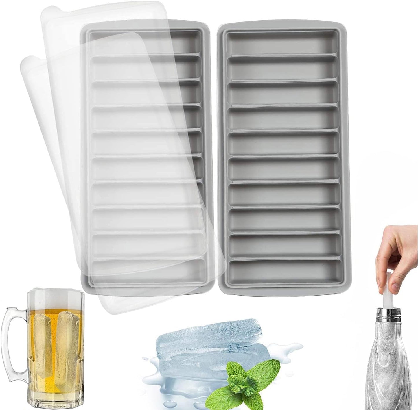 LessMo 3 PCS Ice Cube Tray, Long Ice Stick Tray Silicone with Lid, Rectangular Narrow Stick, Reusable, Flexible, Easy Release, for Small Mouth Sport Bottles, Juice Bottles, Cocktail Parties