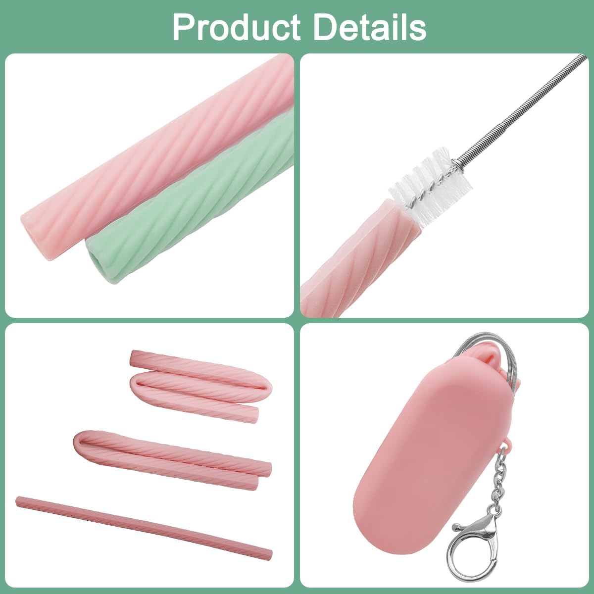 2 Set Silicone Straws with Case, Reusable Travel Straw Cruise Ship Essentials, Foldable Portable Straw + Deep Cleaning Brush + Carry Case with Keychain, for Travel & Party Cold or Hot (Pink & Blue)