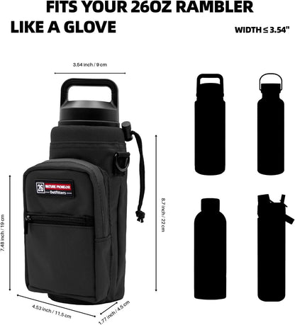 NATURE PIONEOR Water Bottle Holder with Adjustable Strap - 26/32/36/40/46/64oz Insulated Water Bottle Sling Carrier with Paracord Handle & 2 Pockets, Outdoor Sports, Hiking, Camping, Gym