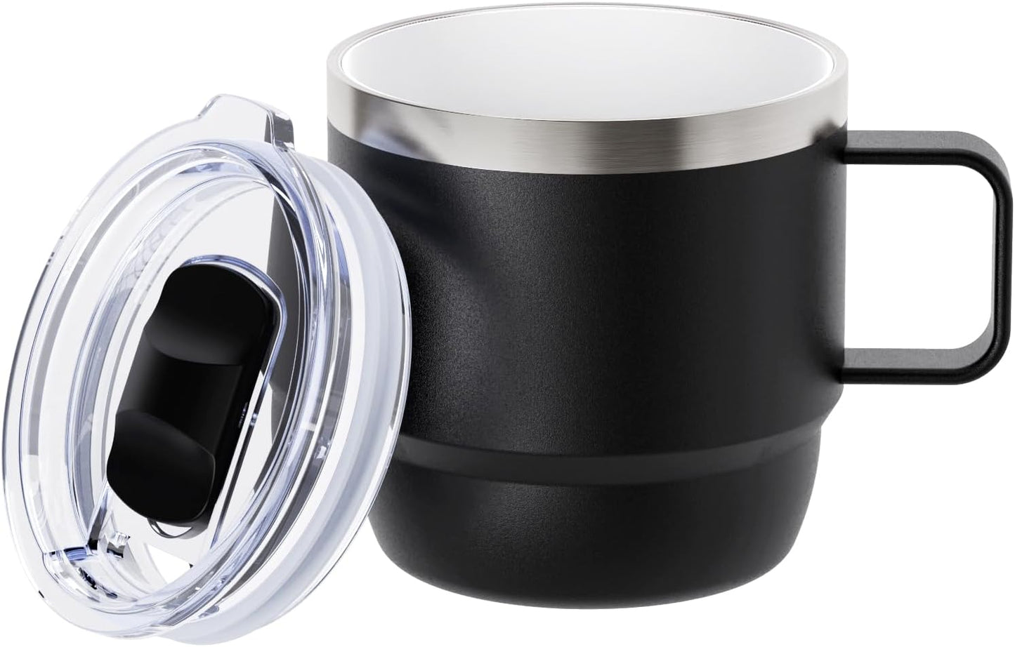Zenbo 8 oz Small Coffee Mug with Magnetic Sliding Lid & Handle, Ceramic-Lined 18/8 Stainless Steel, Double-Wall Vacuum Insulated Espresso Coffee Cup, Stackable & Dishwasher Safe, White