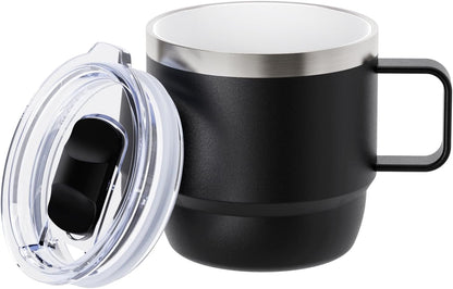 Zenbo 8 oz Small Coffee Mug with Magnetic Sliding Lid & Handle, Ceramic-Lined 18/8 Stainless Steel, Double-Wall Vacuum Insulated Espresso Coffee Cup, Stackable & Dishwasher Safe, White