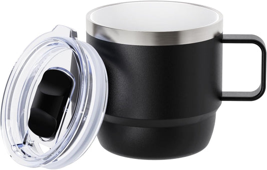 Zenbo 8 oz Small Coffee Mug with Magnetic Sliding Lid & Handle, Ceramic-Lined 18/8 Stainless Steel, Double-Wall Vacuum Insulated Espresso Coffee Cup, Stackable & Dishwasher Safe, White