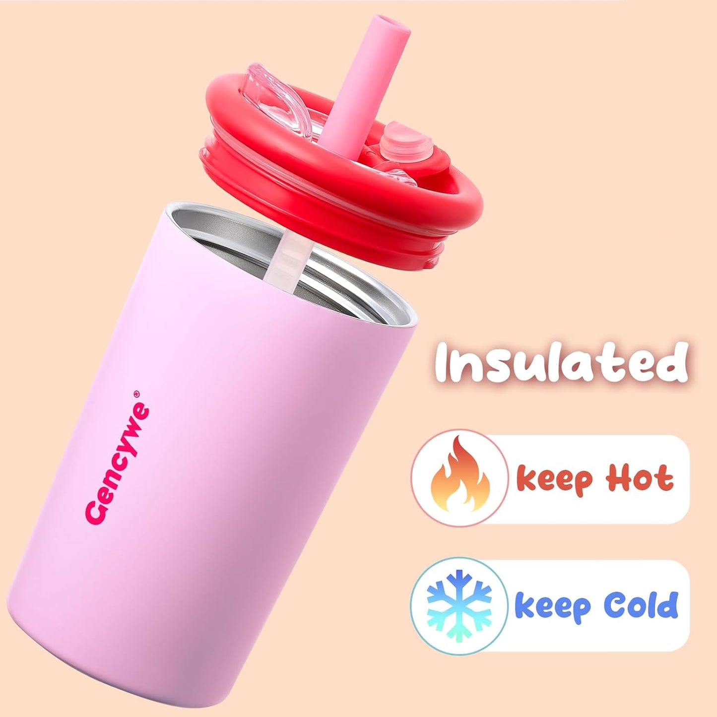 Gencywe 2 PACK Kids Double Walled Stainless Steel Cups with Straws and lids | 12 oz Spill-Proof Sippy Smoothie Tumbler Set, Small Kids Snack & Drink Water Cups, BPA-Free (Age: 3+ years old & up)