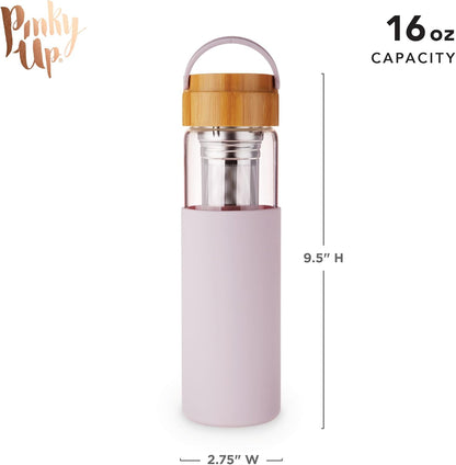 Pinky Up Blair Travel Tea Infuser Mug, Double Walled Insulated Travel Tumbler with Loose Leaf Tea Strainer, Travel Coffee Mug, Keeps Drinks Hot or Cold, 16 oz, White Leaf