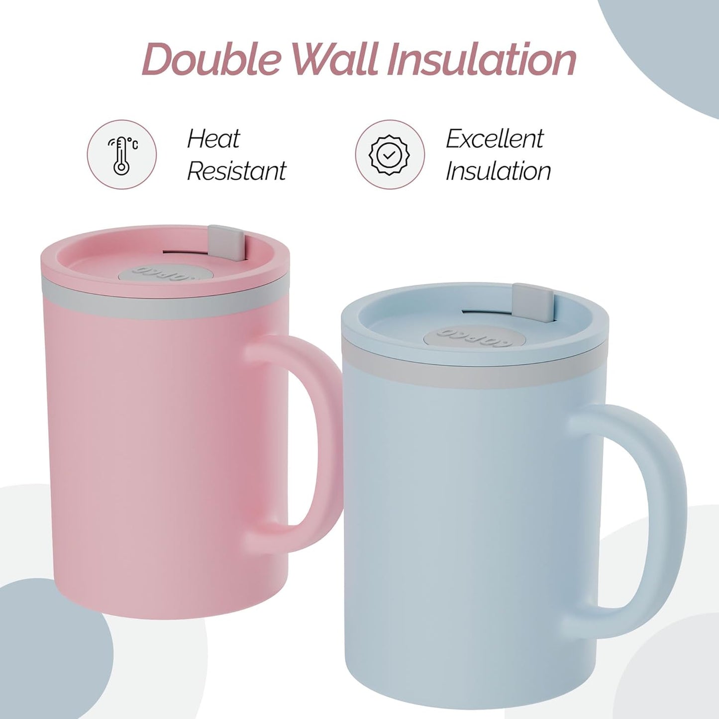 Copco Iconic 16oz Double Wall Insulated Desk Mug with Lid & Handle, Set of 2, BPA-Free Reusable Plastic, Spill-Resistant, Microwave & Dishwasher Safe, Wide Mouth (Grey)