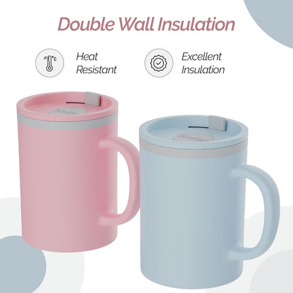 Copco Iconic 16oz Double Wall Insulated Desk Mug with Lid & Handle, Set of 2, BPA-Free Reusable Plastic, Spill-Resistant, Microwave & Dishwasher Safe, Wide Mouth (Grey)