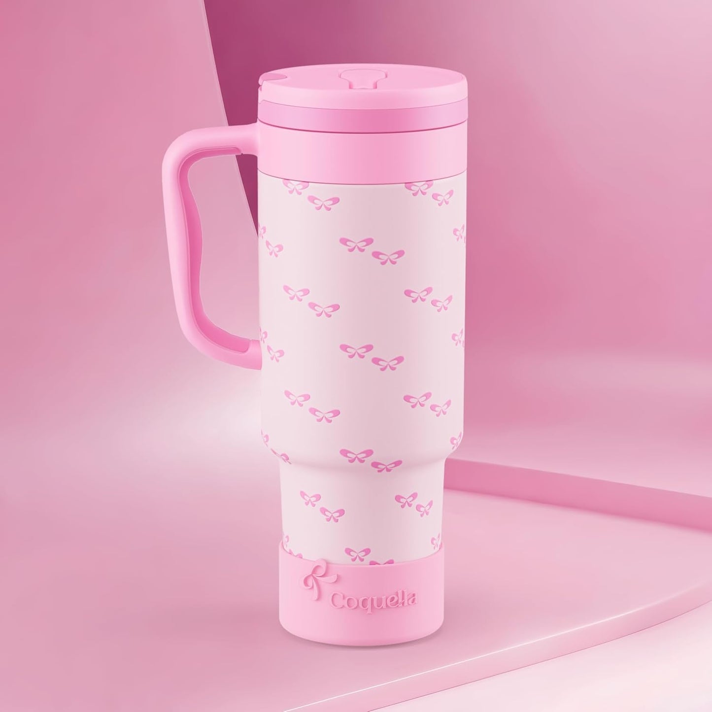 40 oz Insulated Tumbler with Handle and Push-Button Straw Lid, Stainless Steel Travel Cup for Gym Office, Leakproof, BPA-Free, Cup Holder Friendly, Bow Silicone Boot, Purple (Light Lilac)