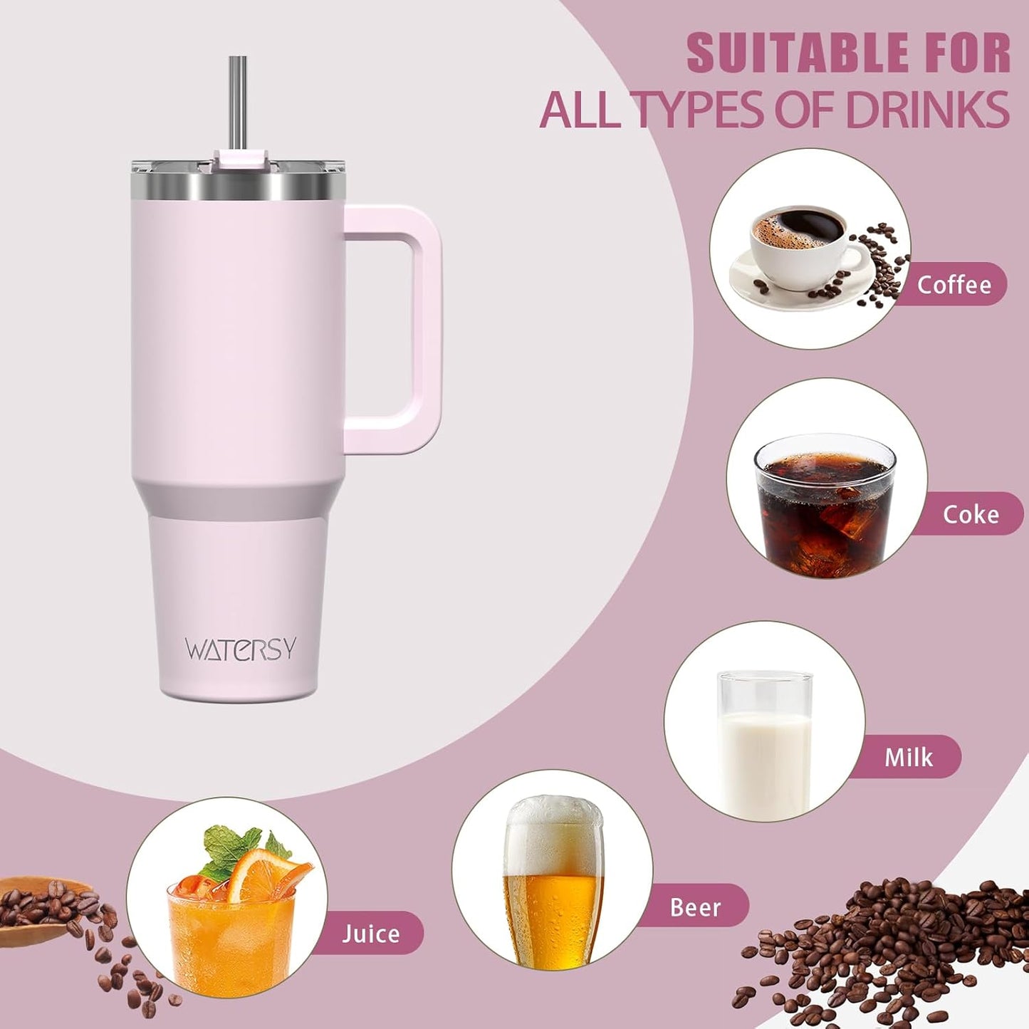 40 oz Tumbler with Handle,Tumbler with Lid and Straw,Double Wall Insulated Cup Stainless Steel Travel Mug(Cold for 34 Hours),Water Bottle for Iced Tea,Coffee,Cold Beverages(Purple)