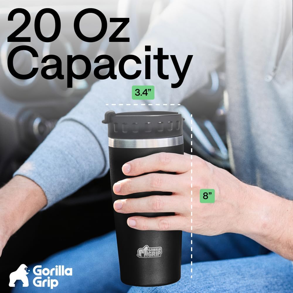 GORILLA GRIP 304 Stainless Steel Double Insulated Travel Coffee Mug, Leakproof Lid with Smooth Sip Top, Prevent Spills, Dent & Rust Resistant Reusable Tumbler Cup, Thermal Mugs for Drinks, 20oz, Black