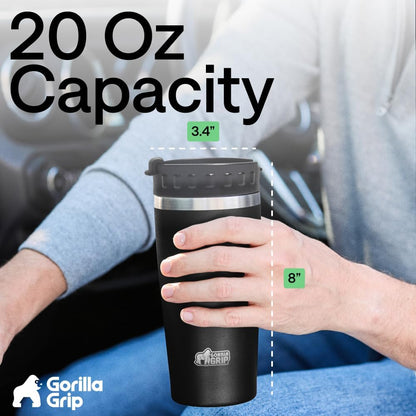 GORILLA GRIP 304 Stainless Steel Double Insulated Travel Coffee Mug, Leakproof Lid with Smooth Sip Top, Prevent Spills, Dent & Rust Resistant Reusable Tumbler Cup, Thermal Mugs for Drinks, 20oz, Black