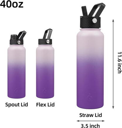 BJPKPK Insulated Water Bottles with Straw Lid, 40oz Stainless Steel Water Bottles with 3 Lids, BPA Free Leakproof Thermo, Tumblers, Cups for Sports, Gym- Midnight - Colors A